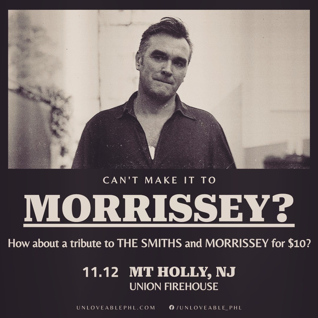 UnloveablePHL's tweet photo. We're leaving the house tomorrow. You should come and see us. We've got new (to us) songs, we've got old songs. @UnionFirehouse Doors: 7pm Band: 9:30pm. Be there or be an twelve day old carved pumpkin with sagging features. #morrisseytribute #smithstribute #livemusicnj https://t.co/FDMDHSuskX