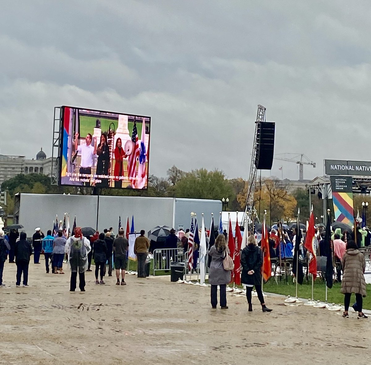 GreatFallsV's tweet photo. ⁦@SmithsonianNMAI⁩ National Native American Veterans Memorial dedication today. 🌧 no match for our celebration ❤️, no match for the 🌈 lighting up the sky, no match for the joy. ✨Long time coming. Thank you. #nnavm #nativeveterans #nativeveteransmemorial #harveypratt https://t.co/foiyphYRPU
