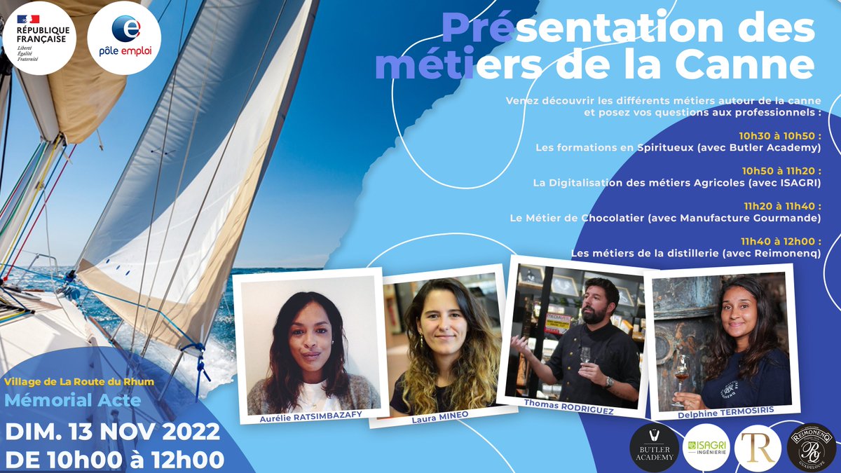 FTravail_971's tweet photo. Que vous soyez en recherche d'#emploi, en #projet, en #creation d'entreprise, venez rencontrer ces professionnels qui partagerons leurs métiers avec vous !

RDV ce Dimanche 13 Nov. au Mémorial ACTe sur le Village de la #Routedurhum2022  au Stand Pôle emploi ⛵️ @CRGuadeloupe https://t.co/USVZtiFlfX