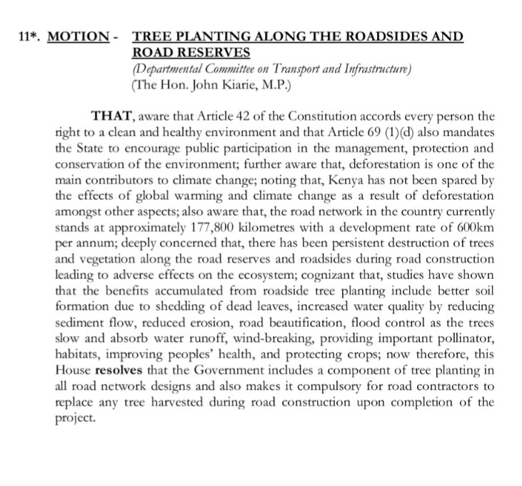 Agesir1's tweet photo. Hon. John Kiarie, MP has moved a motion to the national assembly that will require the Government to include a component of tree planting in 
all road network designs &amp; also makes it compulsory for road contractors to replace any tree harvested during road construction. https://t.co/oxk4zK7bPI