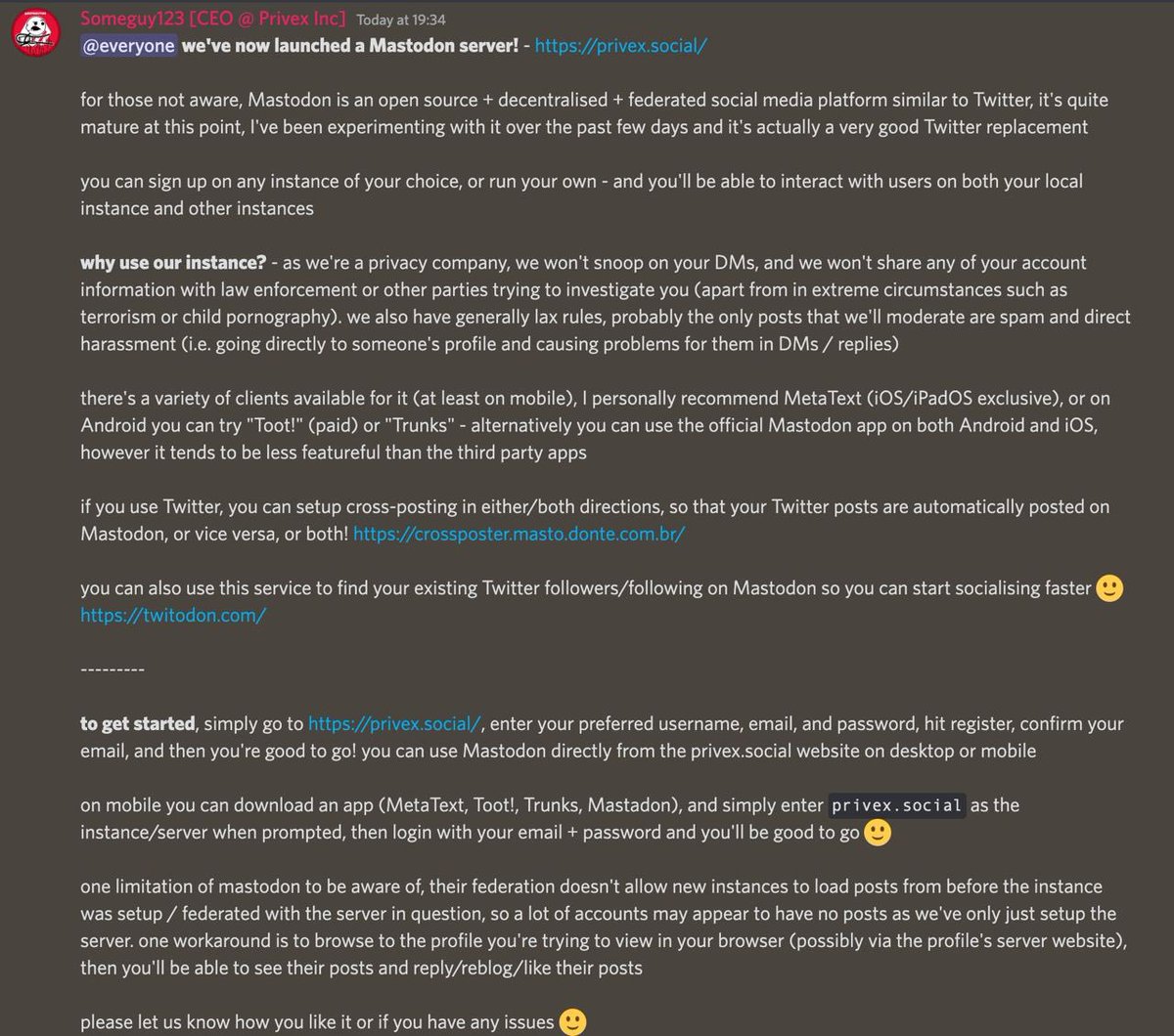 PrivexInc's tweet photo. We’ve now launched a #Mastodon #Fediverse instance/server! It’s like Twitter but decentralised / federated 🙂

Sign up at: https://t.co/xb5XZeq1Ty 

If you’re already on Mastodon, follow us at @privex@privex.social 💙❤️

More info in the screenshot below 👇 https://t.co/tQRYsE6DVC