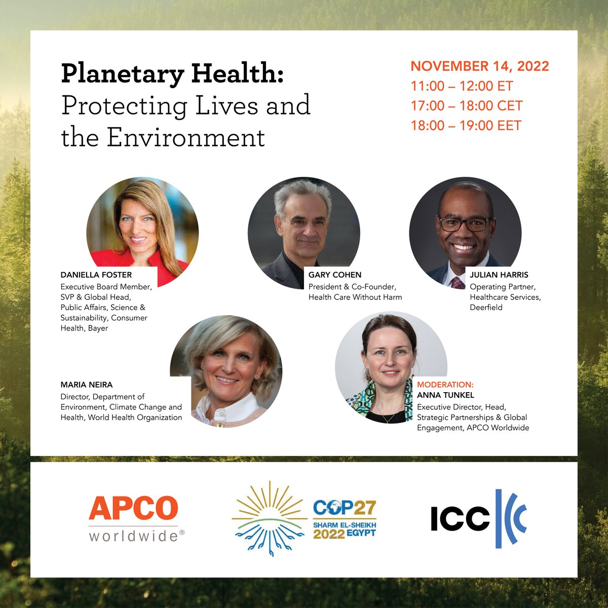 Virtually join me on Monday at a #COP27 panel with <a href="/iccwbo/">International Chamber of Commerce</a> and <a href="/apcoworldwide/">APCO</a> focused on the nexus between #climate and #health and how organizations can drive solutions. hopin.com/events/icc-cli…