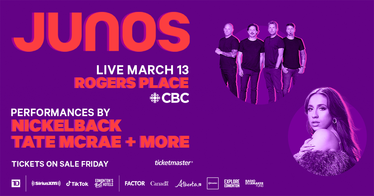 #JUSTANNOUNCED: <a href="/Nickelback/">Nickelback</a>, <a href="/TateMcRae/">Tate McRae</a> and more will take to the #JUNOS stage on March 13th, 2023 at The JUNO Awards. 

Tickets on sale this Friday at ticketmaster.ca/junos