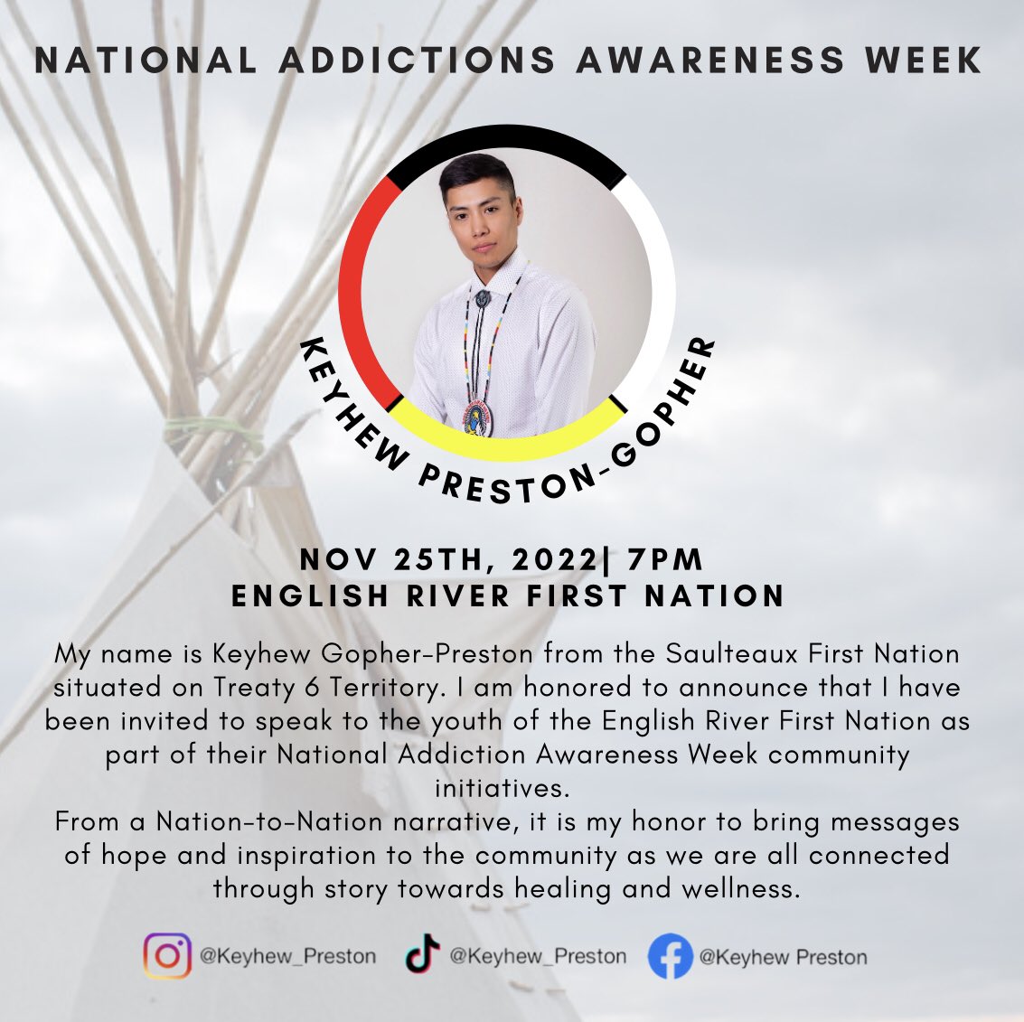 preston21's tweet photo. I’am honour to be apart of National Addiction Awareness Week, I am beyond grateful for the opportunity to speak to the youth of this beautiful Nation and to push forward a positive message of hope and inspiration to our Northern communities here in Saskatchewan. 🧡 https://t.co/XJO0HImbSS