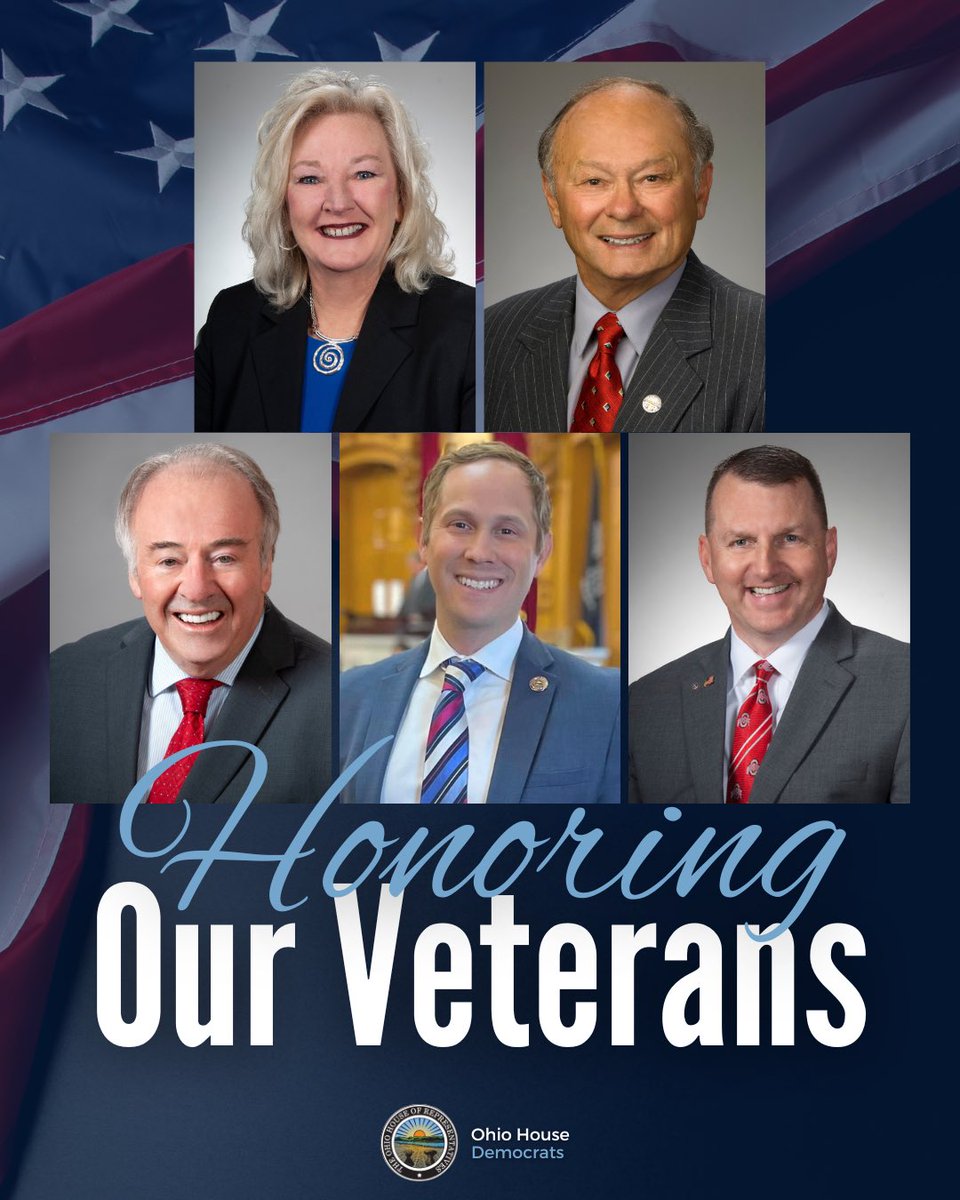 As we honor #VeteransDay, we want to take a moment to recognize and thank the service members in our caucus, <a href="/ForSobecki/">Former Ohio Rep Lisa Sobecki</a>, Rep. Sheehy, <a href="/Rep_Troy/">Rep. Daniel P. Troy</a>, <a href="/RepWeinstein/">Rep. Casey Weinstein 🇺🇸</a>, and <a href="/Miller4Ohio/">Adam Miller</a>.

Democrats will always support our veterans and their commitment to freedom.
