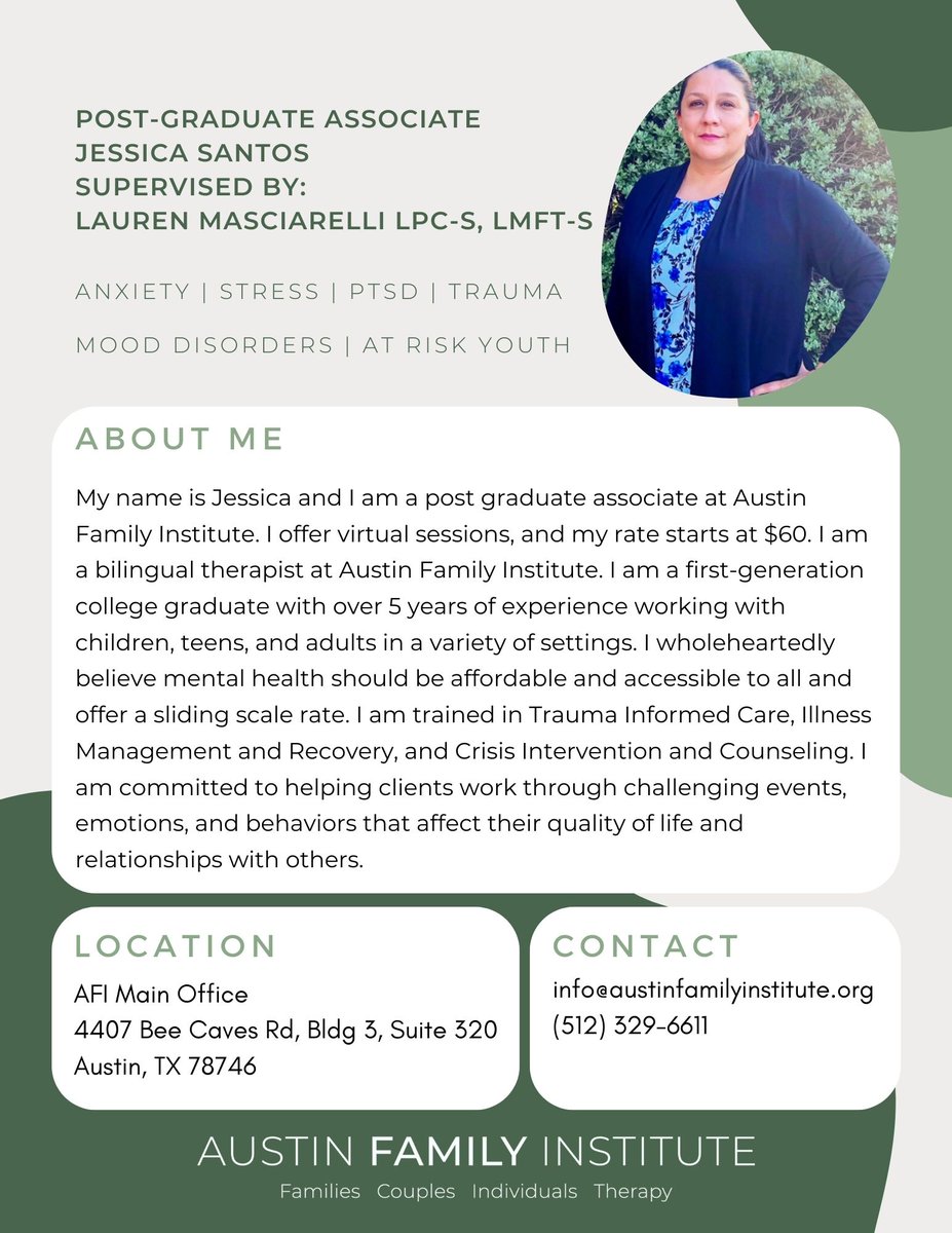 AFItherapy's tweet photo. Meet Jessica Santos, LPC-Associate, supervised by Lauren Masciarelli, M.A., LMFT-S, LPC-S.  If interested in scheduling with Oliver, please call our administrative staff at (512) 329-6611 from the hours of 10am-4pm Monday through Friday. https://t.co/8170Qjs6bK