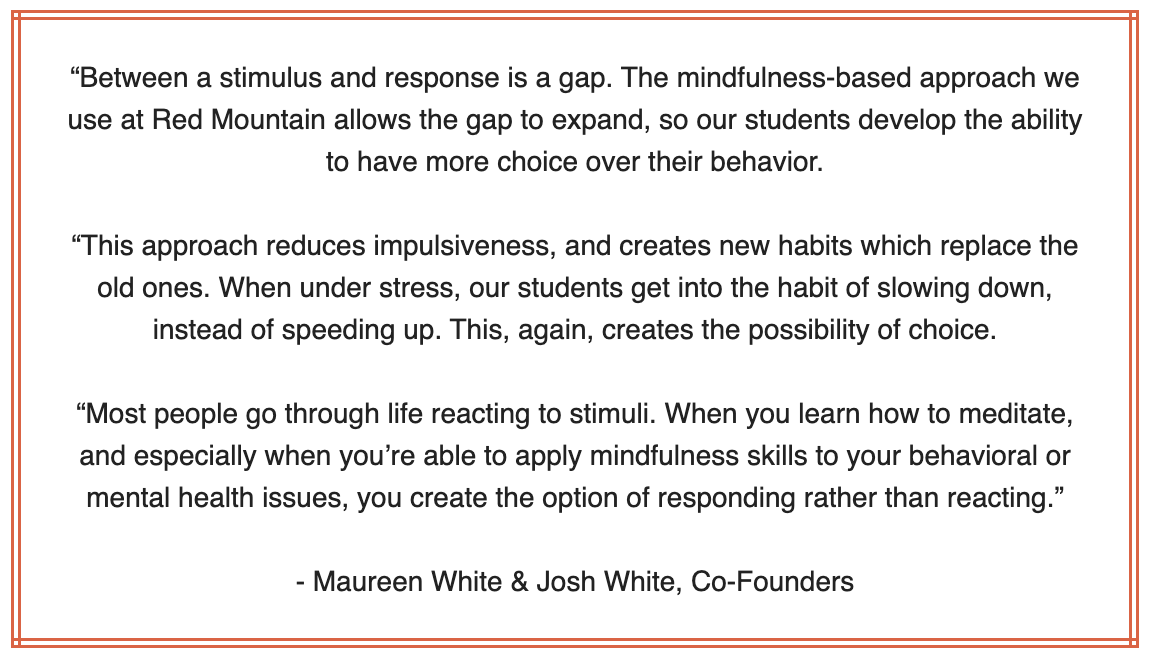 RedMtnSedona's tweet image. As we headed into our ninth year we wanted to delve into WHY our program works so well. Here&apos;s what Maureen and Josh had to say:

#OurProgram #MindfulnessSkills