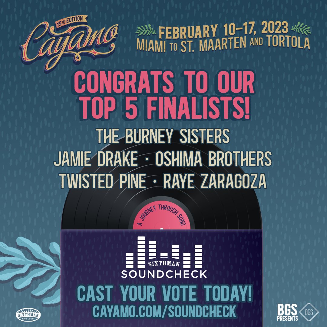 I'm so stoked to announce I made it to the top 5 of <a href="/Cayamo/">Cayamo</a> Soundcheck! The top 3 winners will get to play on the cruise alongside <a href="/JeffTweedy/">Jeff Tweedy</a>, <a href="/NekoCase/">Neko Case</a>, and more! The next round of voting is only open to guests for Cayamo 2023, spread the word to your registered friends!#cayamo