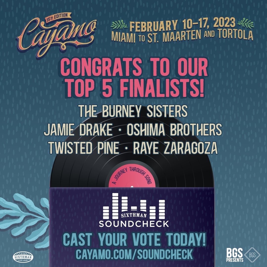 I'm so stoked to announce I made it to the top 5 of @Cayamo Soundcheck! The top 3 winners will get to play on the cruise alongside @JeffTweedy, @NekoCase, and more! The next round of voting is only open to guests for Cayamo 2023, spread the word to your registered friends!#cayamo