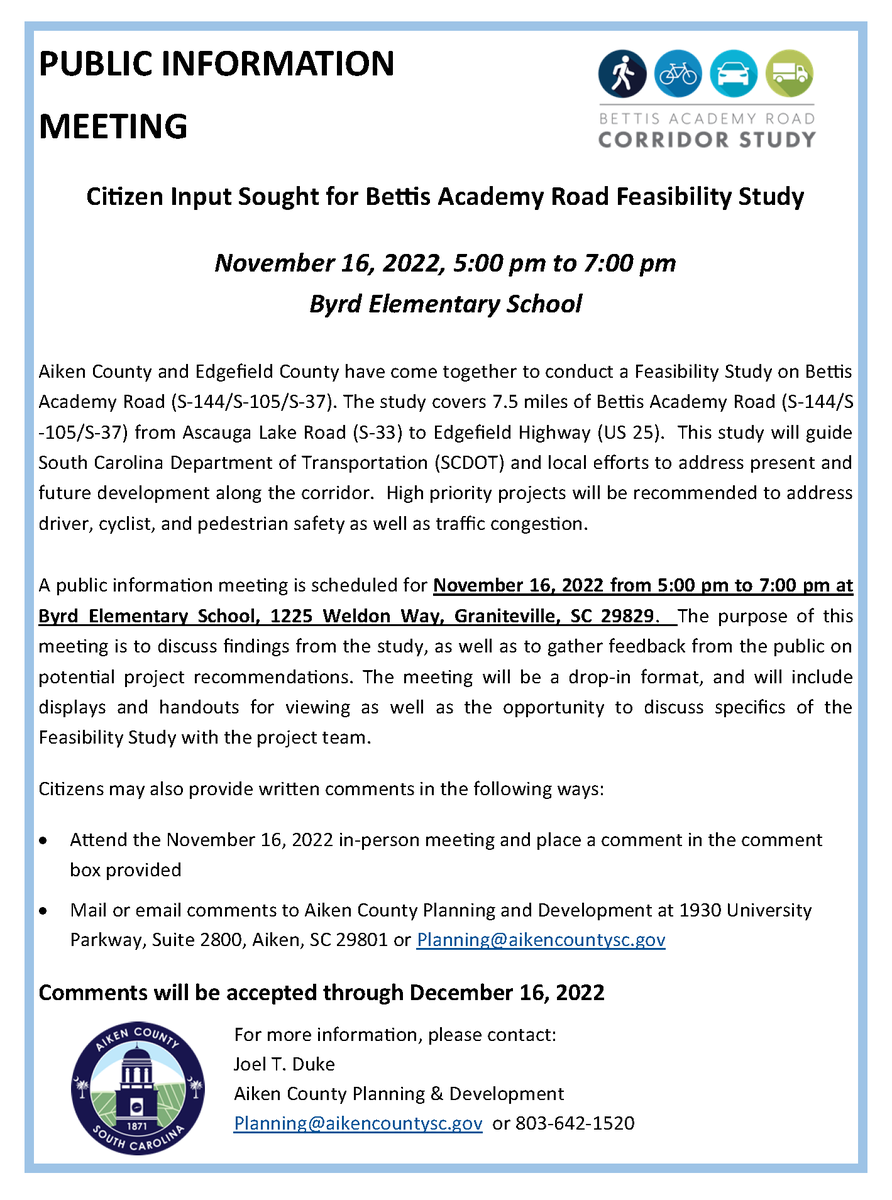PUBLIC NOTICE: Citizen input requested by Aiken County for Bettis Academy Road Feasibility Study 
#AikenCounty #PublicHearing