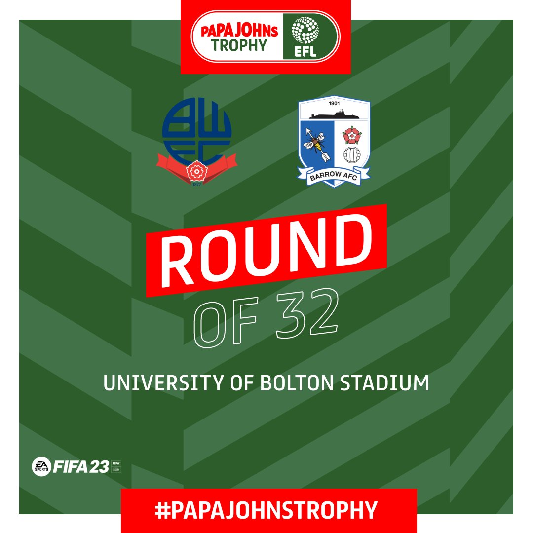OfficialBWFC's tweet image. 🍕 Wanderers have been drawn to face @BarrowAFC at home in the Round of 32 of the @PapaJohnsTrophy.

📆 The fixture is due to be played at the University of Bolton Stadium week commencing November 21st.

#BWFC 🐘🏰
