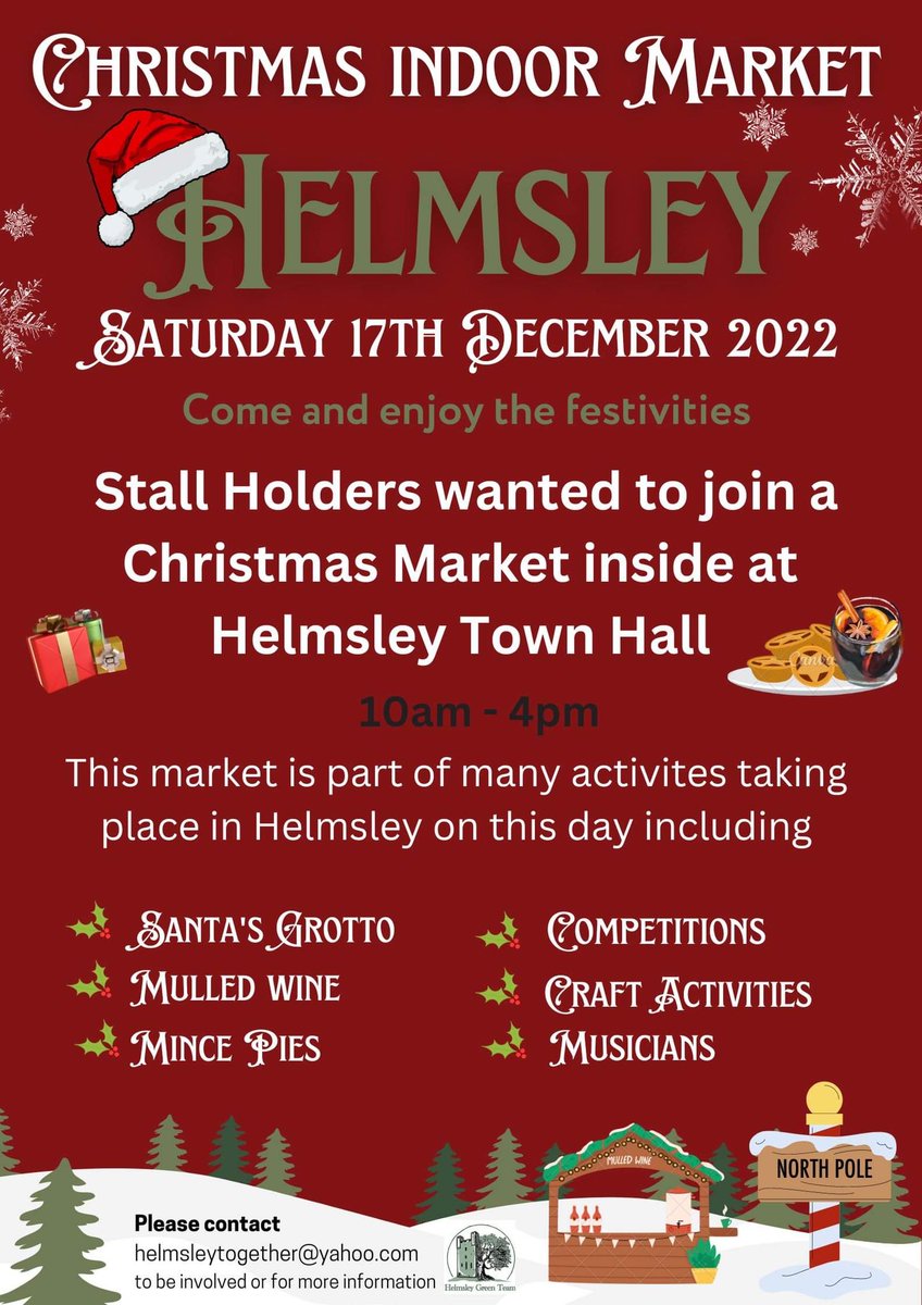 Annika Dowson (@annikadowson) on Twitter photo As the poster shows, We are holding an indoor Xmas market & looking for foodies & crafters to join us, this being run along side a full day of festive activities <a href="/VisitHelmsley/">VisitHelmsley</a> including a Magical Santa's Grotto, Live Music, Competitions & typical Christmas Fayre fun games As the poster shows, We are holding an indoor Xmas market & looking for foodies & crafters to join us, this being run along side a full day of festive activities <a href="/VisitHelmsley/">VisitHelmsley</a> including a Magical Santa's Grotto, Live Music, Competitions & typical Christmas Fayre fun games