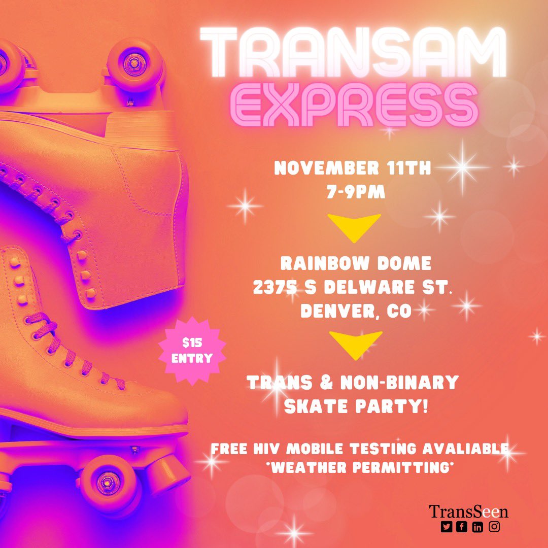 Hey folx! 👋🏽

Join TransSeen TODAY 7-9pm for TransAm Express: Trans &amp; Non-binary skate night! 🛼

Now at a new location <a href="/therainbowdome/">The Rainbow Dome</a> 🌈

Entry $15 🎟

See you all soon! 

#youthseen #transseen #campseen #blackpridecolorado #selflove #radicalselflove  #love #wellness