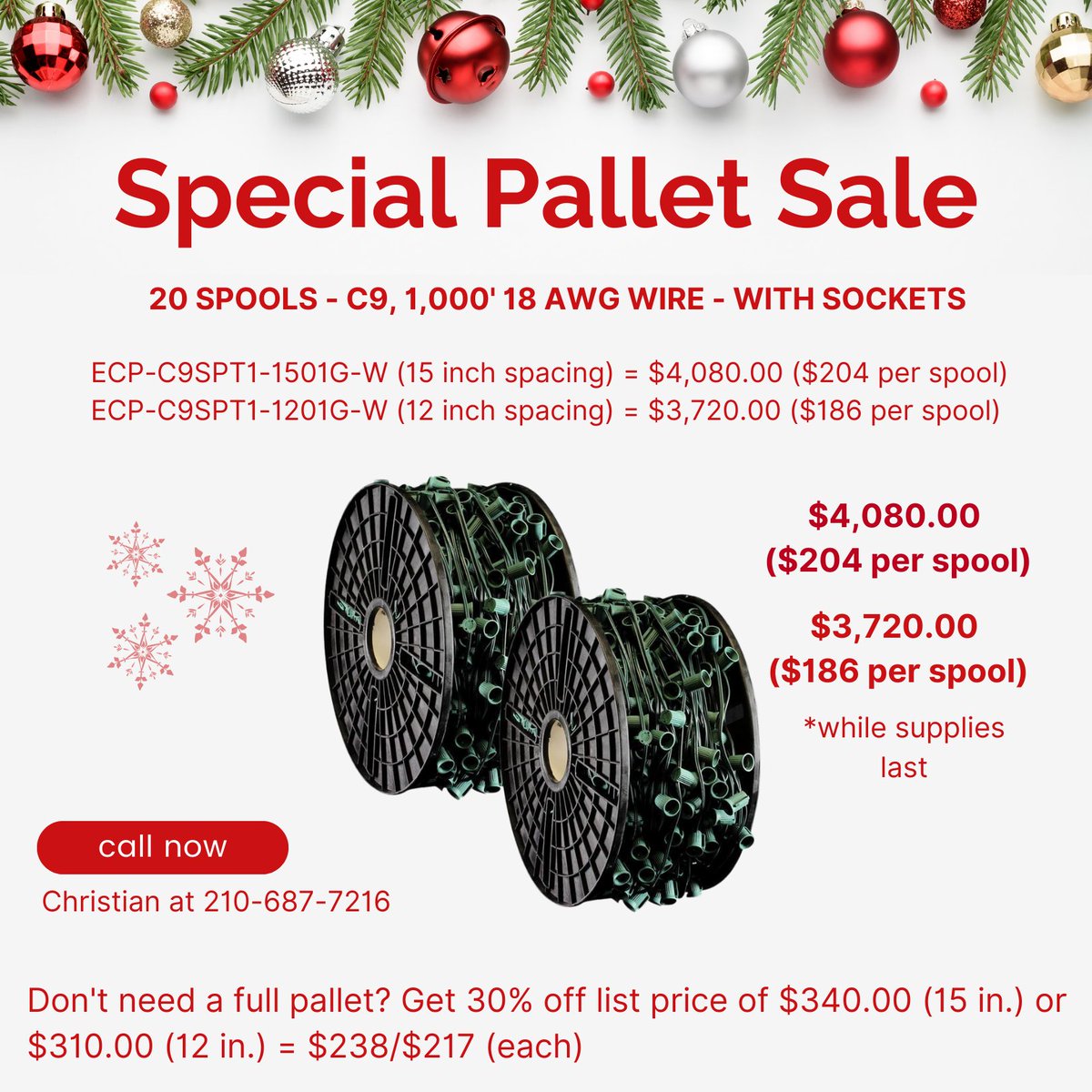 envirolume's tweet photo. For one week only, shop Envirolume’s pallet sale! Get 20 spools of C9, 1,000' 18 AWG wire with sockets. Choose between 12 inch or 15 inch spacing. Don't need a pallet? Get 30% off this week only, while supplies last! Call Christian at 210-687-7216 to place your order today! https://t.co/IvKyzDnaTo