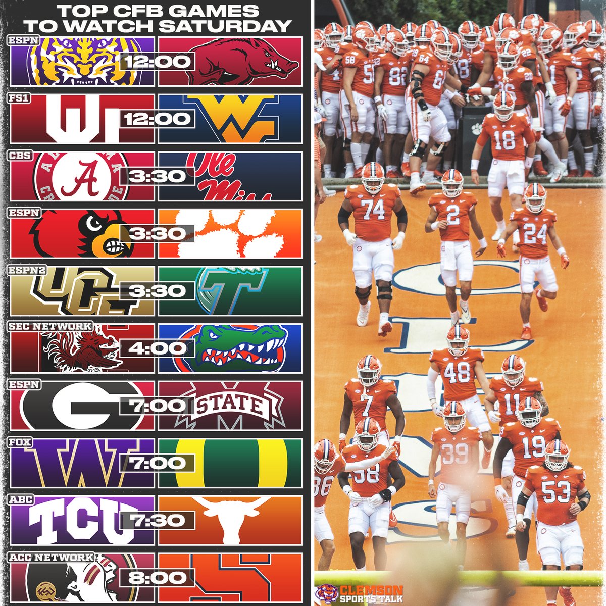 📅 A quick look at several games to catch this weekend in College Football!

Share if your favorite team made the list!

-
✅ Like/Comment/Share
🔔 Turn post notifications on
-

#CFB #CollegeFootball #Clemson