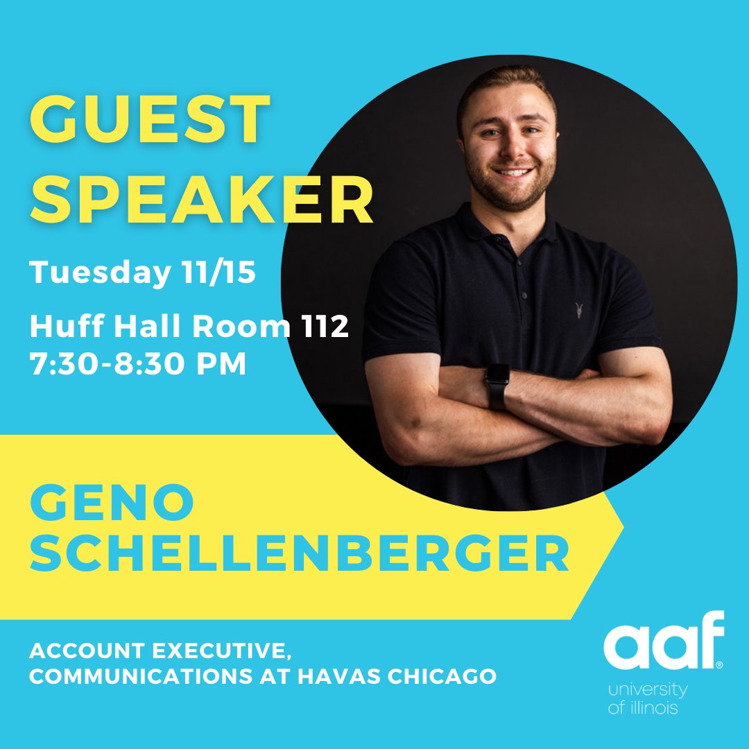 AAFIllinois's tweet photo. Our next guest speaker is Geno Schellenberger from Communications at Havas Chicago. This event will be in-person next Tuesday, at Huff Hall Room 112. Join us to learn all about the account executive position! https://t.co/j3338mn2jF