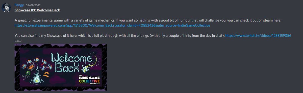 real_pengy's tweet photo. @IGCollective I do a series of mini reviews for my community via discord for IGC Showcase games - so far #IReviewed 65+ indies!
One day I'll need to convert some of these into Steam reviews too... I know that helps the algorithm!
My first mini review was Welcome Back from @SliderGamesHq 💙 https://t.co/9a8iZqz9fr