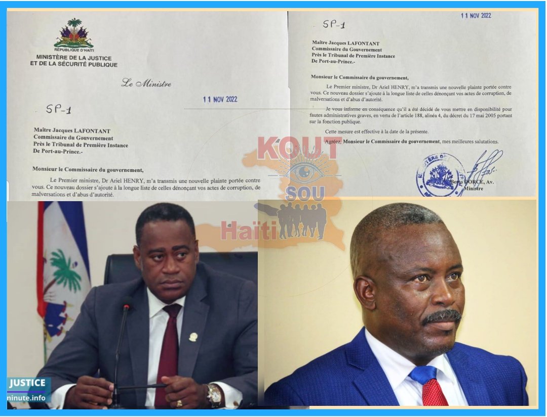 SouAyiti's tweet photo. Minis jistis ak sekirite piblik lan Mèt Bertho Dorcé, revoke jounen vandredi 11 novanb 2022 a, komisè gouvènman Pòtoprens lan Jacques Lafontant  pou koripsyon, malvèzasyon elatriye nan yon korespondans. https://t.co/bAfhN1WwVp