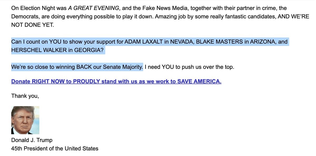 samstein's tweet photo. Trump sends out a fundraising email that appears to be for the remaining three GOP Senate candidates with races uncalled. But if you click through, the only joint fundraising committee is Walkers. Click through again, Trump takes 9/10 of the $ (unless you change the ratio) https://t.co/ZABEXvs1uO