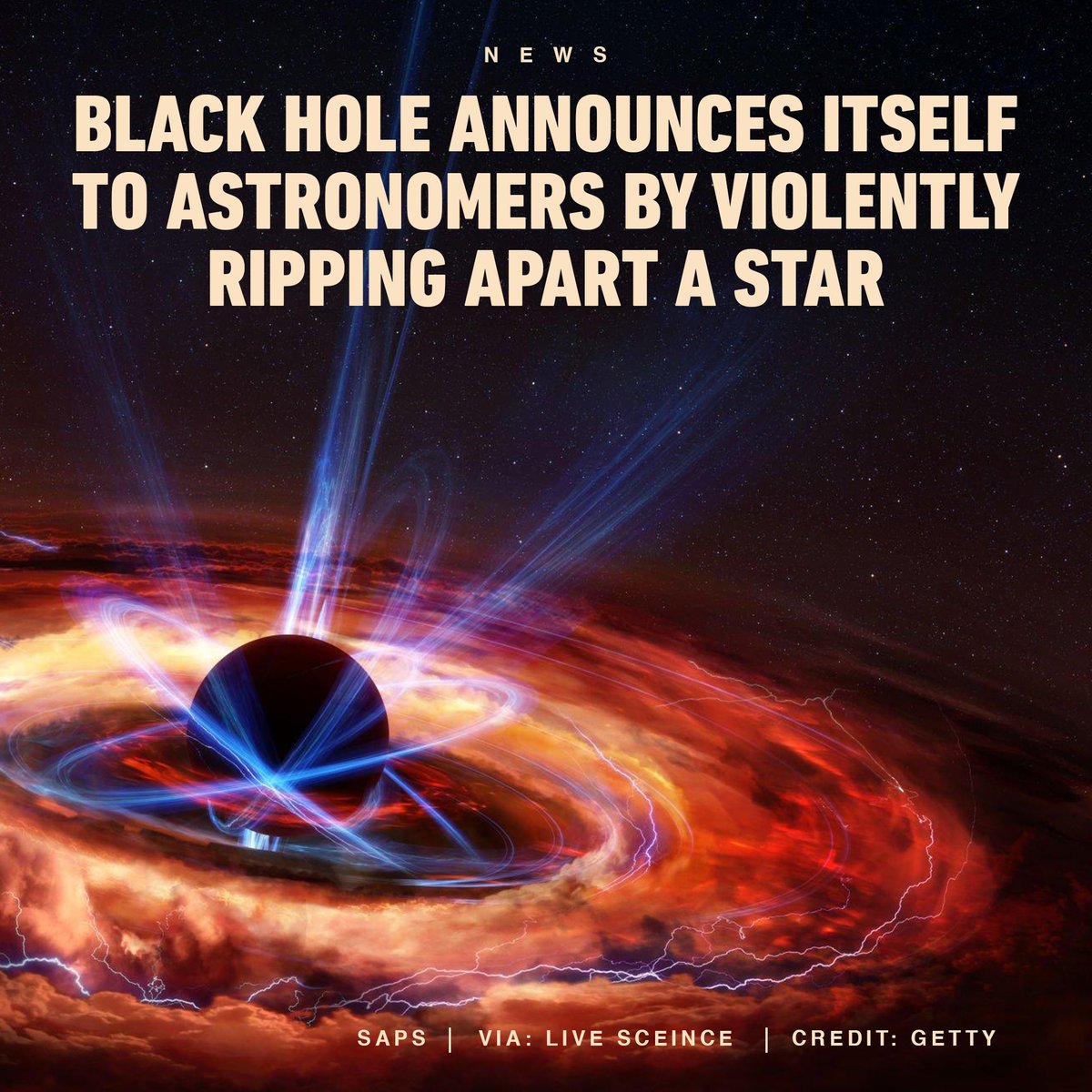 SAPS_Official's tweet photo. The black hole is located in a dwarf galaxy a million light-years away and ripped apart an unlucky star in a brutal tidal disruption event.
#Blackhole #NASA #star #galaxy https://t.co/QeRwYFPKxP