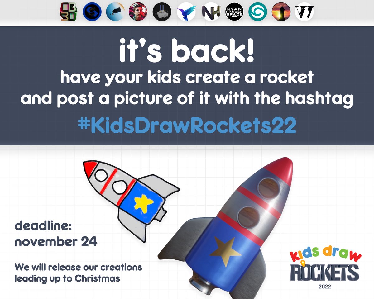 Space Friends! Have your kids create a rocket and post it on Twitter with the hashtag #KidsDrawRockets22 by 7pm UTC, Nov. 24th, and the artists of space twitter may recreate it in their preferred medium based on your child's drawing! Retweet and tell your friends!