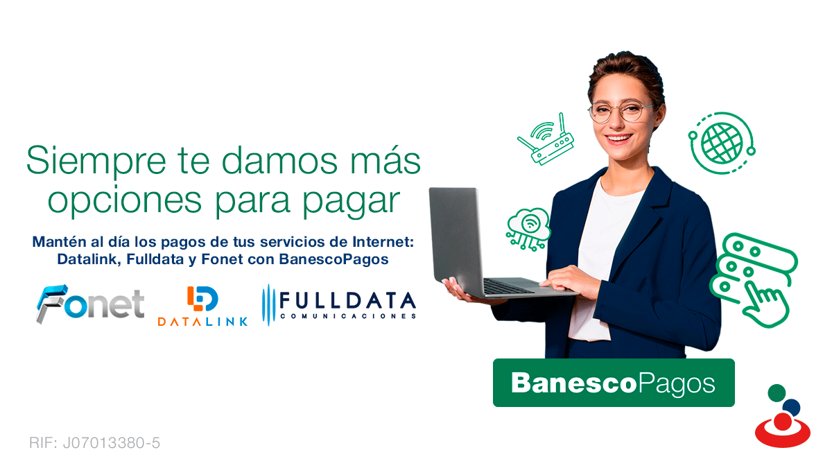 Banesco's tweet photo. ¡No te quedes sin Internet! 📡
Ahora los planes de servicios con #Datalink, #Fulldata y #Fonet podrás pagarlos de manera fácil y rápida a través de #BanescoPagos
Conoce más de las ventajas de nuestro botón de pagos 👉 https://t.co/hwq4qdBqYZ
#BanescoContigo https://t.co/8T4VnJUOVe