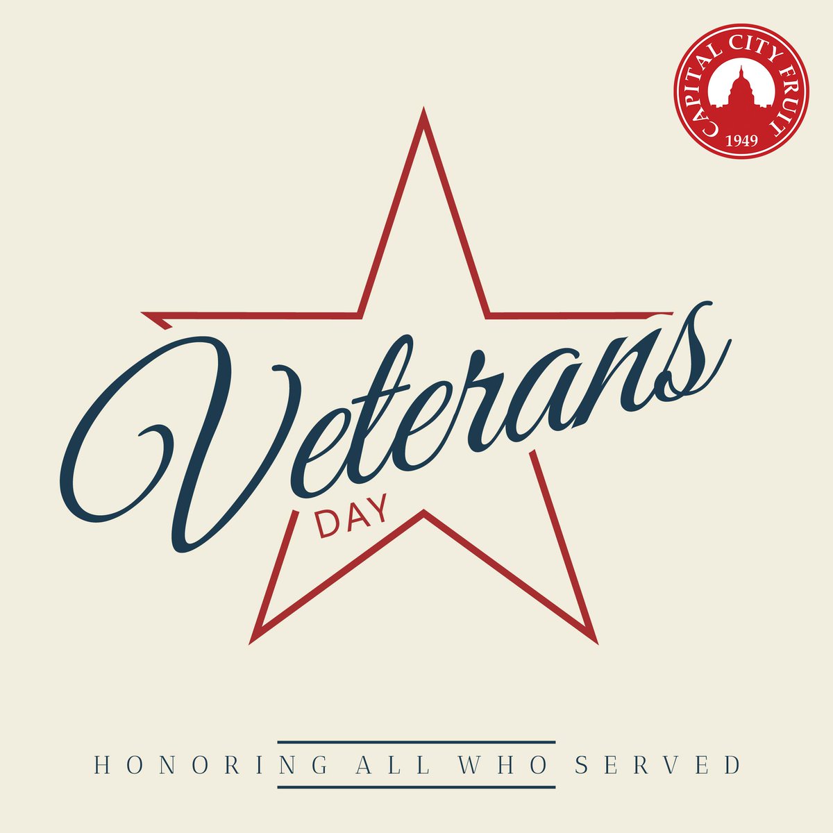 Today is Veterans Day, and we wanted to thank all who have served to protect our country! We know the sacrifices many have made and want to pay our respect and appreciation for all your work to keep us safe. Happy Veterans Day!
#VeteransDay #CapitalCityFruit #Honor