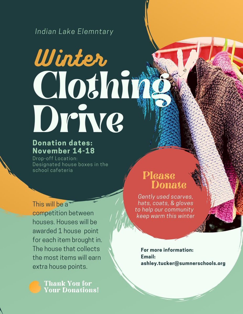 Third grade is holding a cold weather clothing drive next week to benefit the Sumner County Family Resource Center. Please donate gently used winter clothing items, drop boxes are located on the stage in the cafeteria! <a href="/theILEsteam/">ilesteam</a> #SumnerAchieves