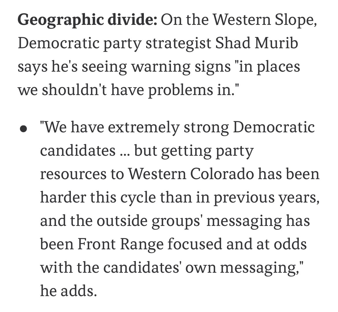Shad Murib 🤠 (@ShadMurib) on Twitter photo 2022-11-11 22:46:12 While everyone is watching CD3, I stand by these thoughts I shared with @ByJohnFrank about 2022. From redistricting to party resources, the state’s Democratic Party treated Western CO as an afterthought. Thank goodness we had great candidates. #copolitics While everyone is watching CD3, I stand by these thoughts I shared with @ByJohnFrank about 2022. From redistricting to party resources, the state’s Democratic Party treated Western CO as an afterthought. Thank goodness we had great candidates. #copolitics