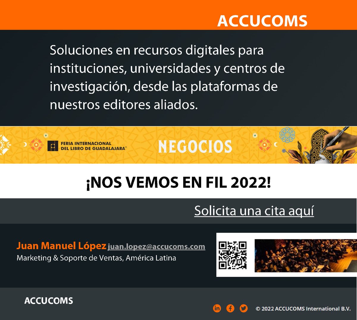 ACCUCOMSLATAM's tweet photo. Nos vemos en FIL Guadalajara 2022
#nosvemosenfil #ciencia #accucoms #accucomslatam #bibliotecasuniversitarias #ambac #latinoamerica #acuerdostransformativos #accesoabierto #openaccess #filgdl2022 #revistas https://t.co/bE0eB5wcJB
