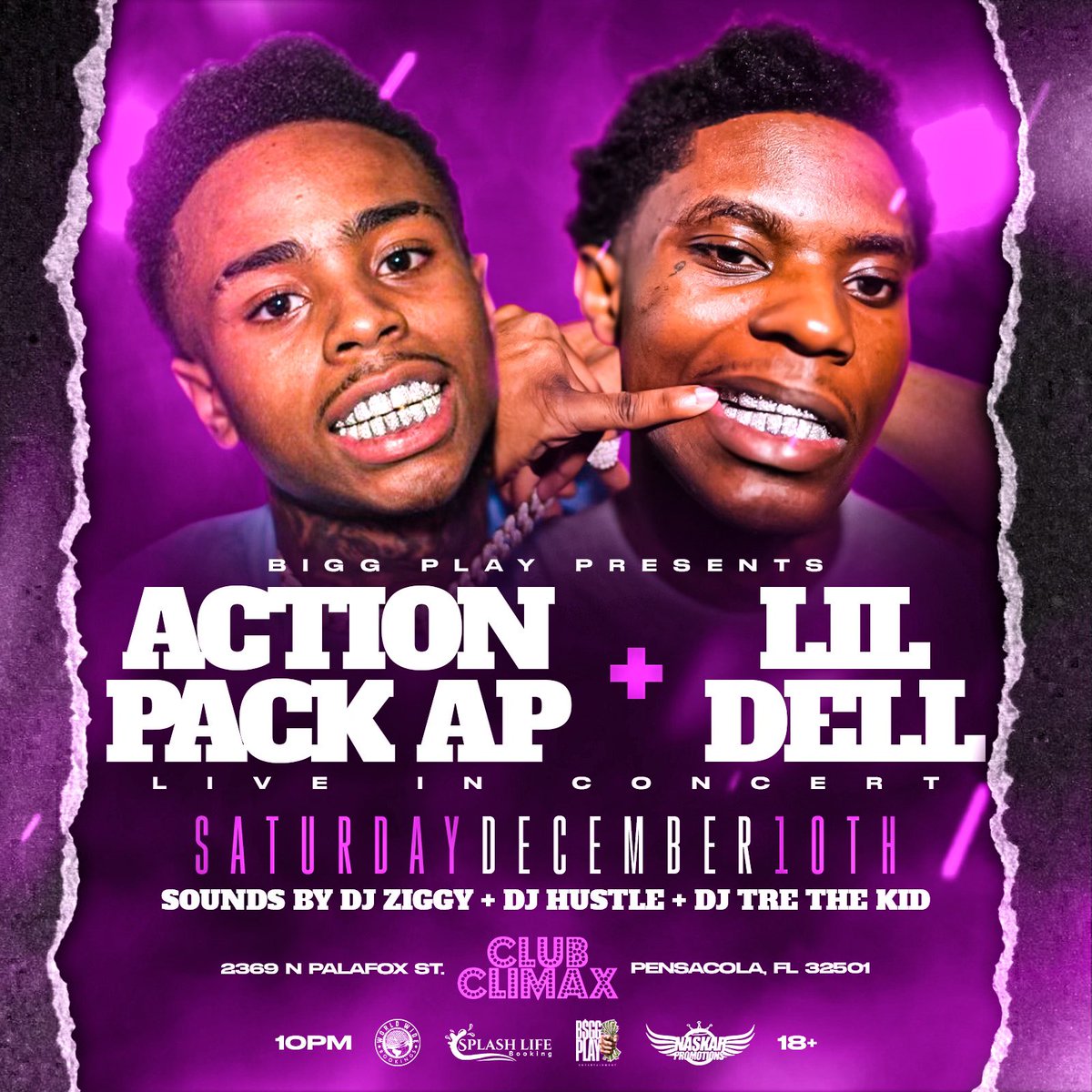 AllSplashThings's tweet photo. Saturday December 10th #pensacola 
@Actionpack_AP + @LilDell9 live at 
#ClubClimax Doors open 10pm 18+ 
#pensacolafl #actionpack #lildell 🌊 https://t.co/3dnXESZzVz