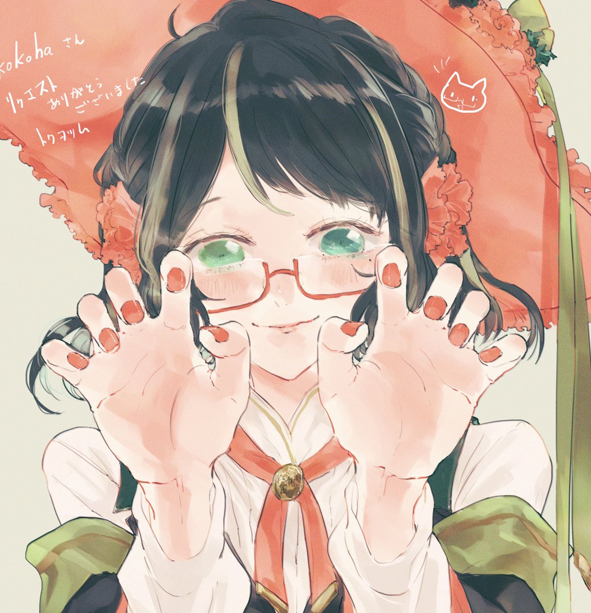 1girl solo glasses claw pose green eyes red nails black hair  illustration images