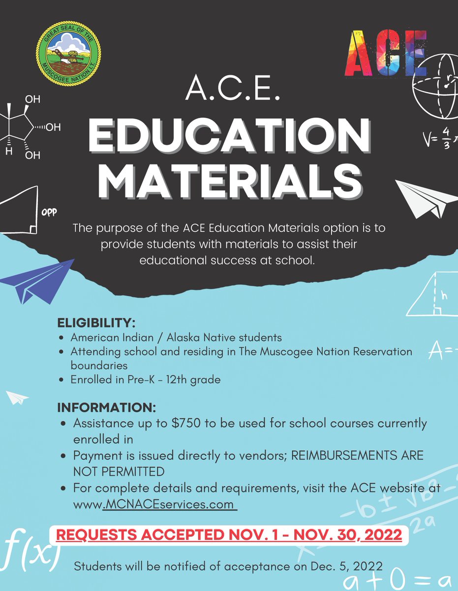 MvskokeYouth's tweet photo. The ACE Program would like to remind students to apply for the Education Materials service option through the month of November to provide students with materials to assist in their educational success at school #ProvideResources
Info or apply at:
https://t.co/Uqb3BfZ3Nj https://t.co/FNXRiOxU5m