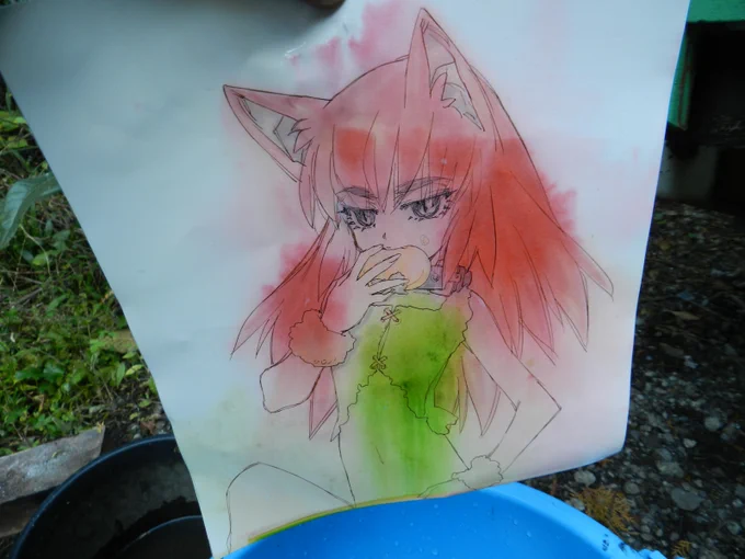 アナログえろ絵描きの僕の絵は、主線(キャラのりんかく線)は油性のホルベインインク、彩色はド水性のDr.マーチンインクです。ではここで、描き上げて15分後に水を張ったバケツに3分間投入した実験結果をご覧ください。 