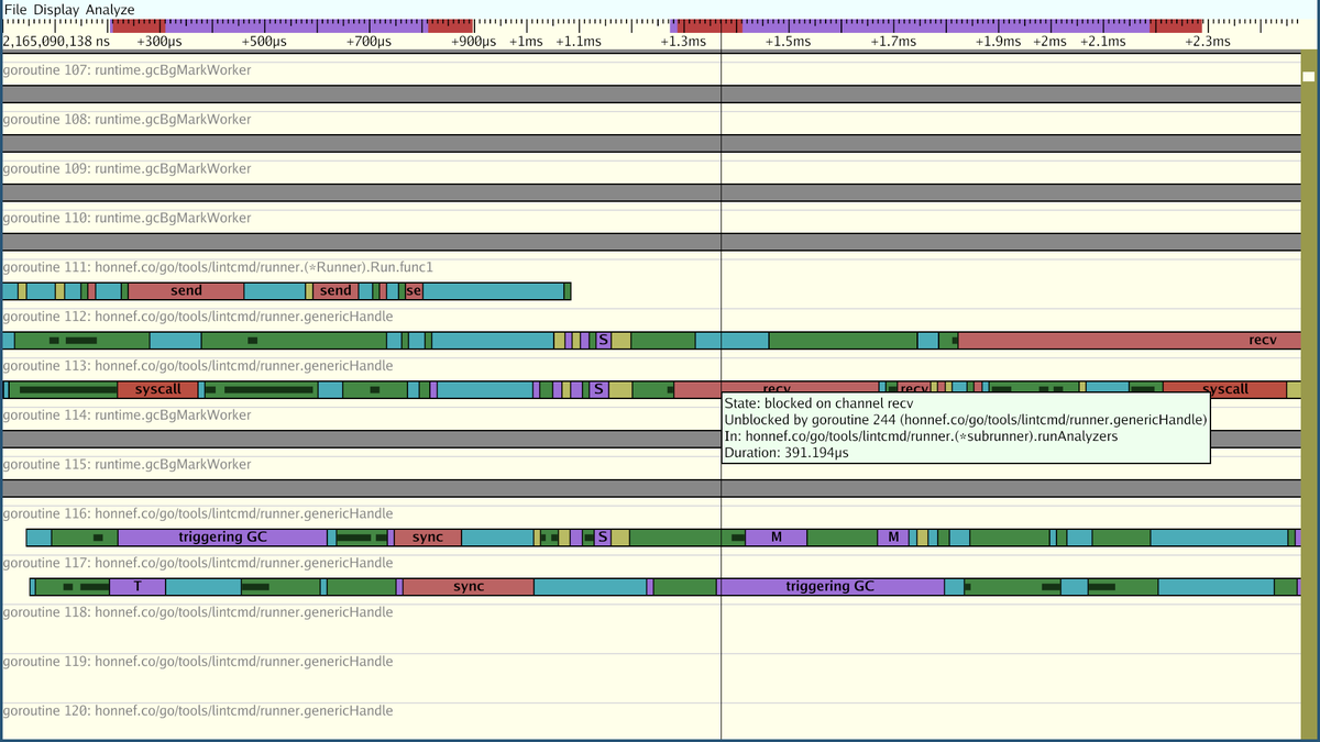 Development on Staticcheck has been a bit slow lately, partly due to personal reasons, but also because I've been putting a lot of time into gotraceui. It's not quite ready for a release yet, but I'm hoping to get it out soon. In the meantime, enjoy this screenshot. #golang