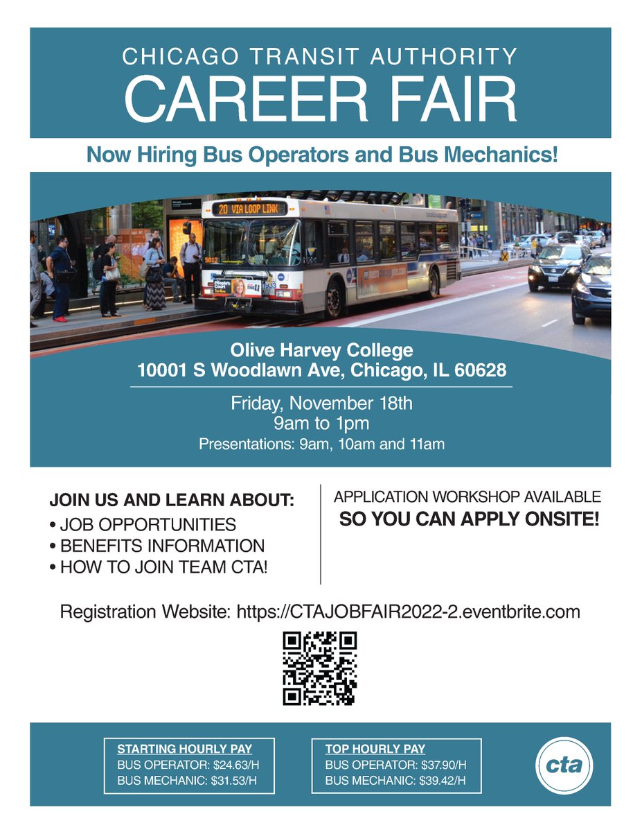cta's tweet photo. #TeamCTA is hosting an In-Person job fair on November 18th at Olive Harvey College from 9am-1pm. Join us to hear about our career opportunities for Bus Operators & Bus Mechanics. CTA Recruiters will present at 9am, 10am & 11am.
Register here: https://t.co/x4s033nIDf https://t.co/su6uI5hy9q