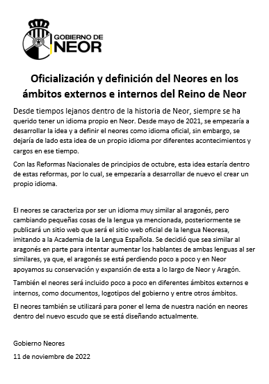 ReyNeor's tweet photo. Oficialización y definición del Neores en los ámbitos externos e internos del Reino de Neor.
A lo largo de estos meses se estará organizando la lengua para que la gente la pueda conocer e incluso aprender.

Gobierno Neores
#micronaciones #micronations #Neor https://t.co/5CkULY3ZFD