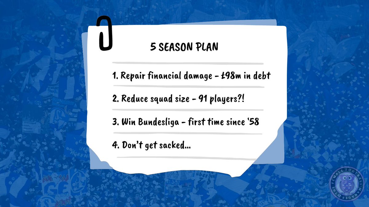 theFFM_'s tweet photo. Saving Schalke comes with a 5 season plan, some may say it’s unobtainable but we love a challenge #fm23 #ffmschalke https://t.co/nioh2uSXSD