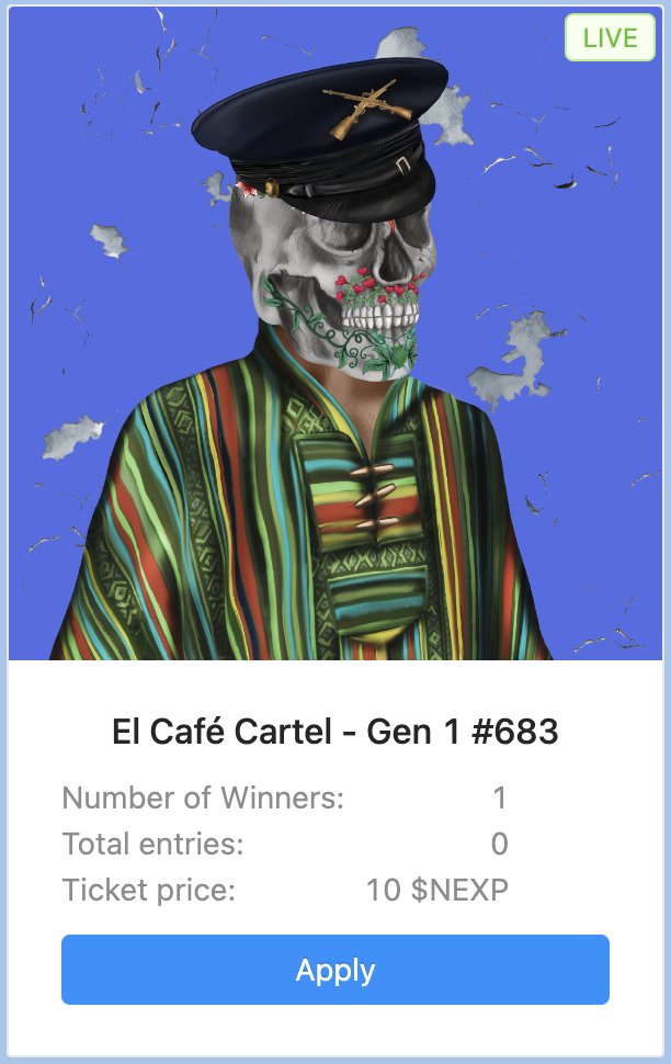 NEW #NEARton Raffle is Live 🏡

Prize: #NFT by our frens from <a href="/ElCafeCartel/">El Cafe Cartel</a>

Buy a ticket/tickets 👇

📍 shop.nearton.org/raffles/

#NEAR #NEARNFTs #NEARProtocol