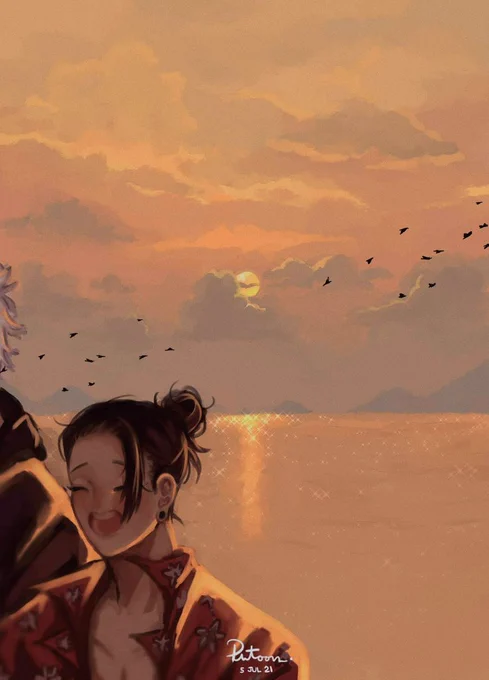 น่าจะเพราะเริ่มวาดท้องฟ้าเป็นช่วงแรกเลยค่ะ ภาพนี้เลยตั้งใจเก็บทุกเลเยอร์เมฆมากจริงๆ บวกกับรอยยิ้มของพี่เกะและทะเลโอกินาว่า อยากให้คนมองแล้วรู้สึกว่ามันเป็นภาพที่อบอุ่นจังเลยน้ามากๆเลย  