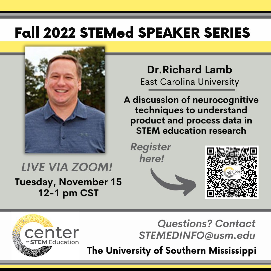 Tomorrow Dr. Richard Lamb of East Carolina University will present “A discussion of neurocognitive techniques to understand product &amp; process data in STEM education research.” Register at bit.ly/3Adhm3L #SMTTT #STEMed #stemeducation <a href="/USMArtsSciences/">USM Arts & Sciences</a>