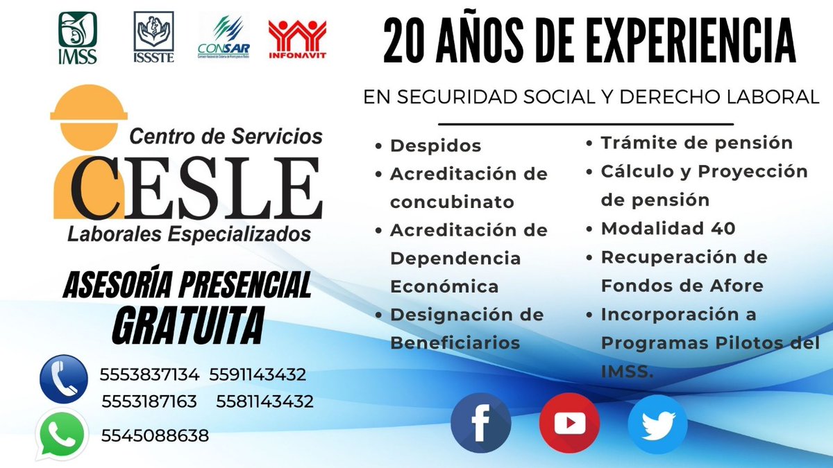 CESLE4's tweet photo. ¿Ya nos conoces?
Estos son los servicios que ofrecemos para ti ¡contamos con 20 años de experiencia!👩‍⚖️🧑‍⚖️
#CESLE #PensionesIMSS #derecholaboral https://t.co/vy1xU6Qhcw