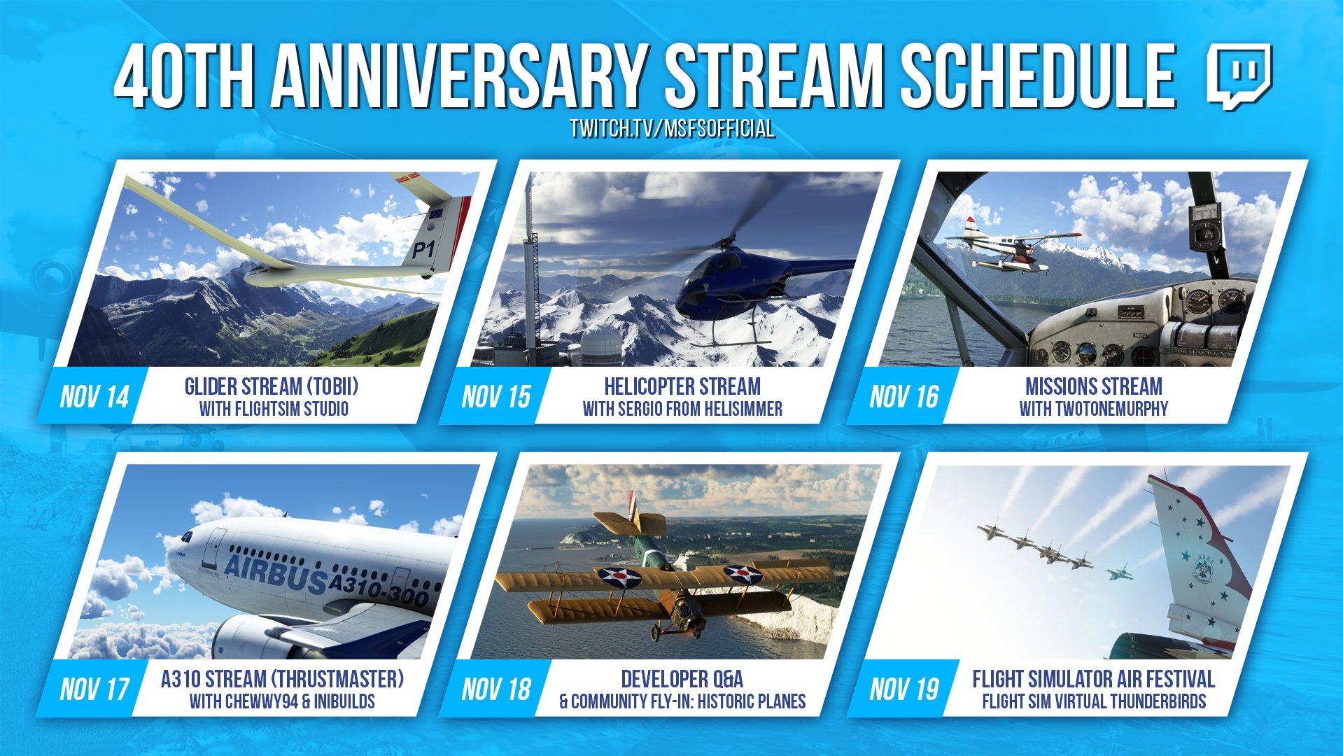 Microsoft Flight Simulator ✈️ on X: Next week we will be hosting several  Anniversary streams! 📺 Each stream will take place at 2000Z / 12PM PST,  with the exception of our Dev