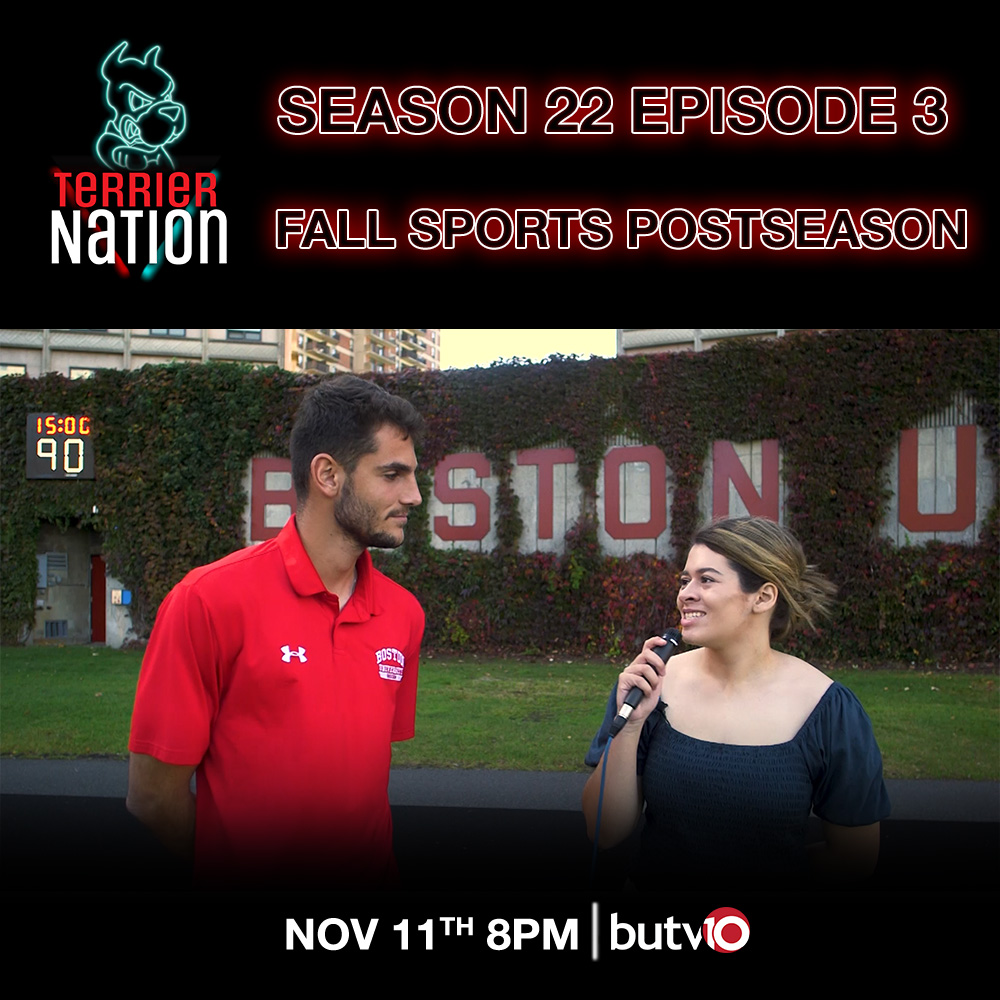 butv10's tweet photo. On tonights episode of @TerrierNation10, you'll get an update on all things BU sports including women’s soccer and the men’s ice hockey season. We’ll also hear from men’s soccer goalkeeper Francesco Montali!

All happening tonight at 8pm, watch live here: https://t.co/4XmpubbALV https://t.co/Ssu6PXqKMn