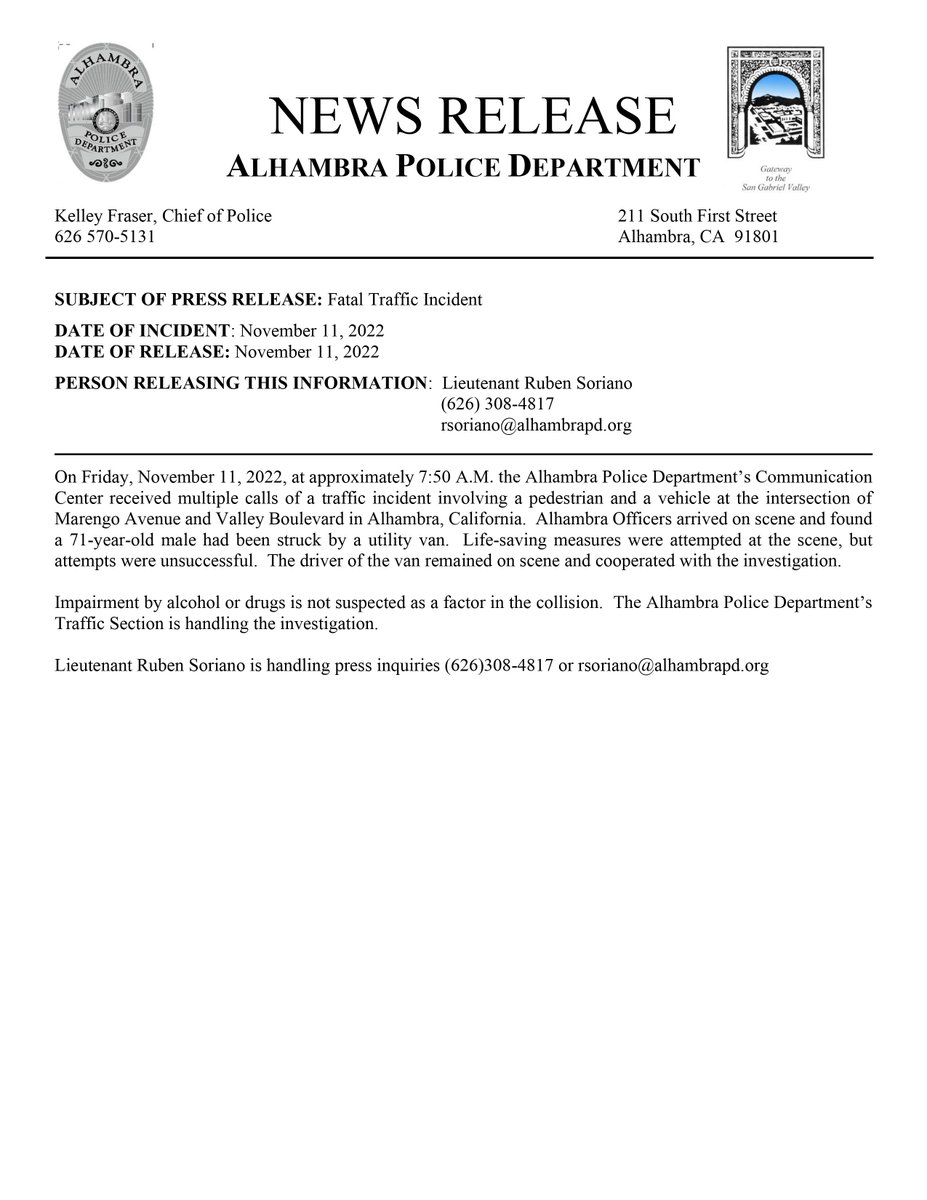 cityofalhambra's tweet photo. Please see news release on fatal accident involving a pedestrian on Marengo Avenue and Valley Blvd this morning. https://t.co/t8ueB1cYHu