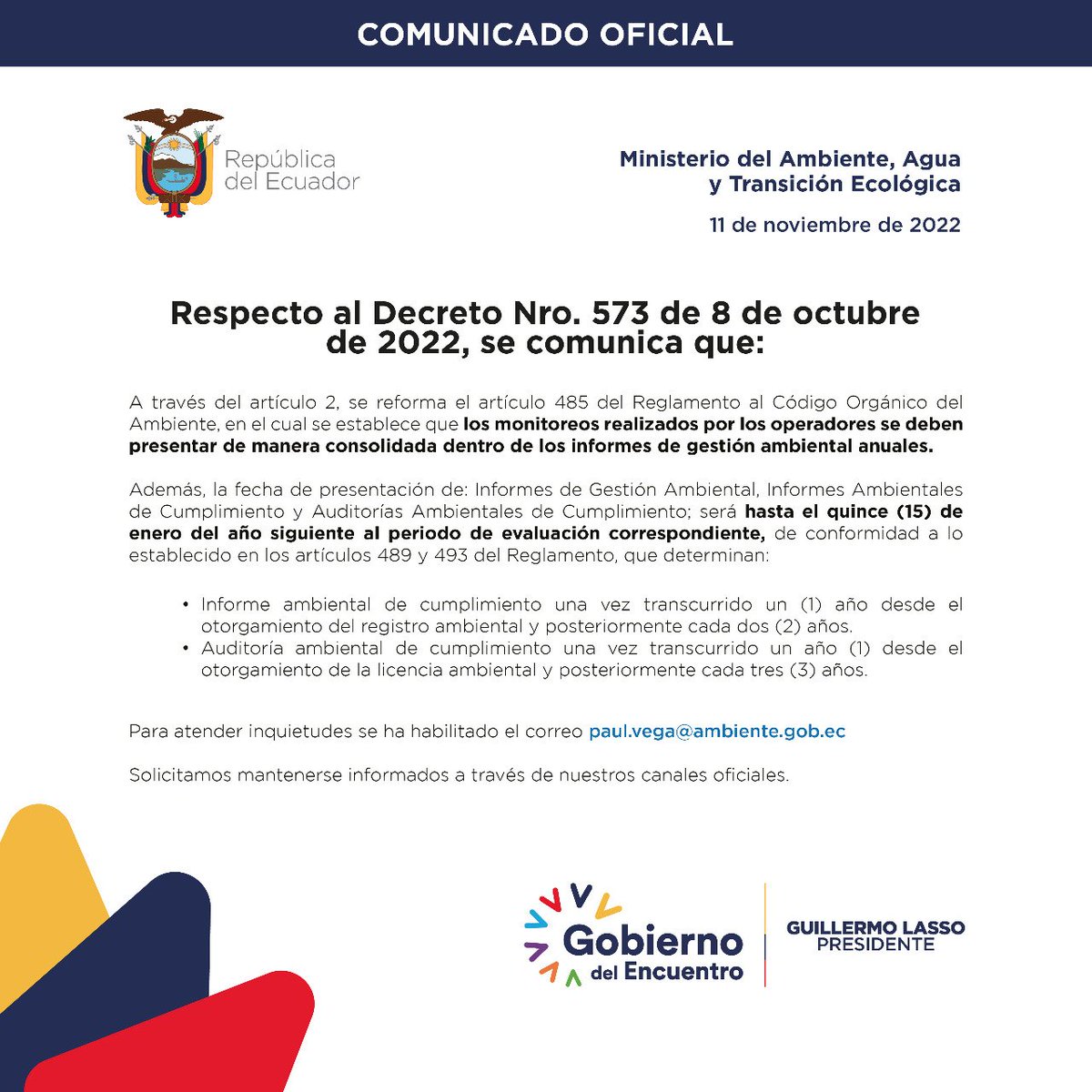 EcuadorMAE's tweet photo. 📌 COMUNICADO | Informamos sobre la reforma al artículo 485 del Reglamento al Código Orgánico del Ambiente. https://t.co/ugj9CpoEBx