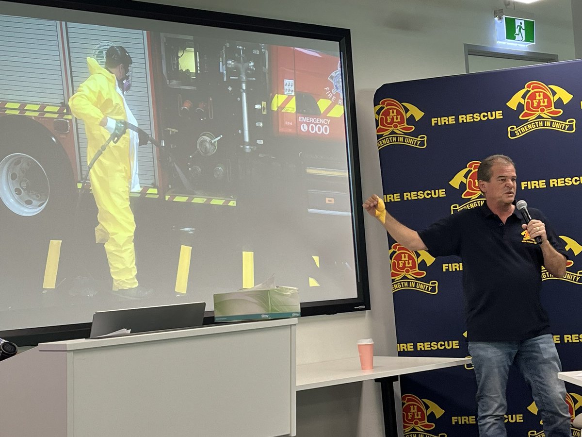 UFUAustralia's tweet photo. Delegates received an excellent presentation on the incredible work that being completed in researching the impact of PFAS contamination on firefighters and methods to treat PFAS concentration in their blood and PFAS decontamination procedures for appliances and buildings. https://t.co/1XAQoXZIQj