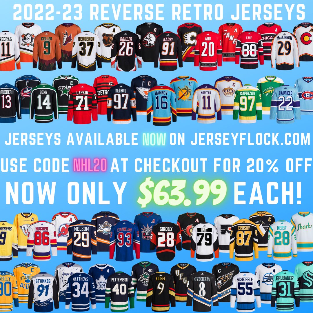 JerseyFlock's tweet image. 🚨IT'S FINALLY HERE!🚨NHL Jerseys are officially live on JerseyFlock.com, including all 2022-23 reverse retro jerseys!  To celebrate, all NHL jerseys will be 20% off with code "NHL20" at checkout.  This is the cheapest they'll ever be, so take advantage now!