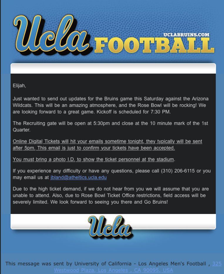 Elijah Vasquez (@2ezyvasquez) on Twitter photo I’m Exited to be at the Rose Bowl tomorrow for a game day visit to see UCLA !! #GoBruins🐻
<a href="/UCLAFootball/">UCLA Football</a> <a href="/GregBiggins/">Greg Biggins</a> <a href="/adamgorney/">Adam Gorney</a> <a href="/jerryneuheisel/">Jerry Neuheisel</a> <a href="/JetsonBland/">Jordan Bland</a> <a href="/CoachIrv_/">Josh Irvin</a> <a href="/EthanYoungFB/">Ethan Young</a> <a href="/UCLAFBRecruit/">UCLA Football Recruiting</a> <a href="/MikeRegaladoLA/">Mike Regalado 🏀🏈🎧</a> I’m Exited to be at the Rose Bowl tomorrow for a game day visit to see UCLA !! #GoBruins🐻
<a href="/UCLAFootball/">UCLA Football</a> <a href="/GregBiggins/">Greg Biggins</a> <a href="/adamgorney/">Adam Gorney</a> <a href="/jerryneuheisel/">Jerry Neuheisel</a> <a href="/JetsonBland/">Jordan Bland</a> <a href="/CoachIrv_/">Josh Irvin</a> <a href="/EthanYoungFB/">Ethan Young</a> <a href="/UCLAFBRecruit/">UCLA Football Recruiting</a> <a href="/MikeRegaladoLA/">Mike Regalado 🏀🏈🎧</a>
