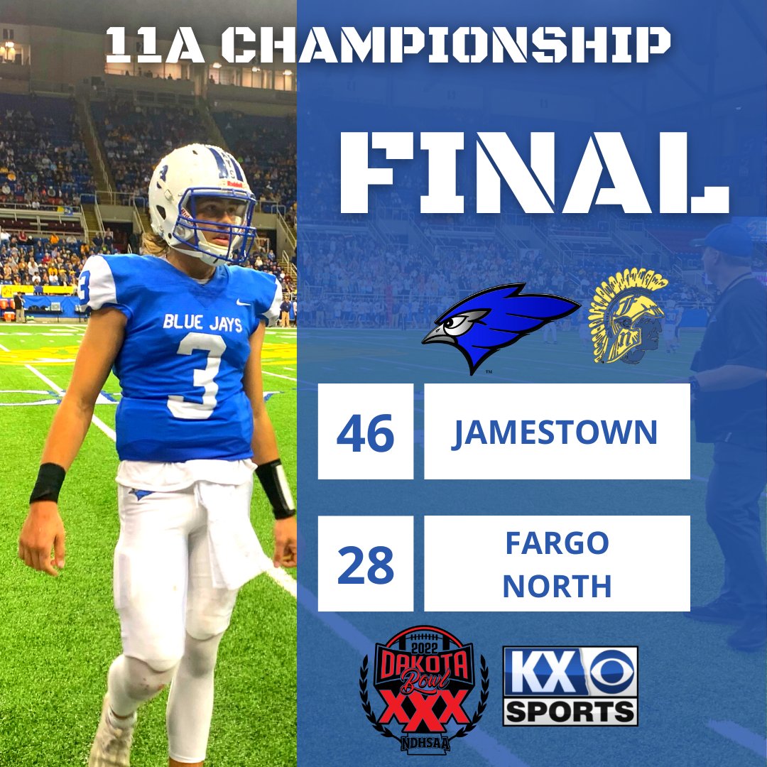 KXMB's tweet photo. BACK-TO-BACK CHAMPS: Jamestown defends their title and remains 11A Champions after defeating Fargo North, 46-28! #NDPreps 

FULL RECAP: https://t.co/5SUlfzVOEv https://t.co/BXfTIPWWaN